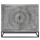 Zera 39 Inch Accent Cabinet with 2 Doors, Hand Carved Medallion, Sandblasted Gray Mango Wood, Black Iron Frame By The Urban Port