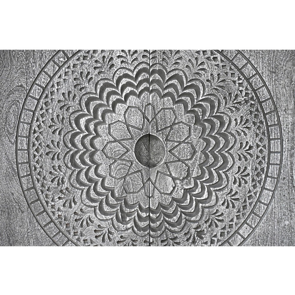 Zera 39 Inch Accent Cabinet with 2 Doors, Hand Carved Medallion, Sandblasted Gray Mango Wood, Black Iron Frame By The Urban Port