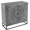 Zera 39 Inch Accent Cabinet with 2 Doors, Hand Carved Medallion, Sandblasted Gray Mango Wood, Black Iron Frame By The Urban Port