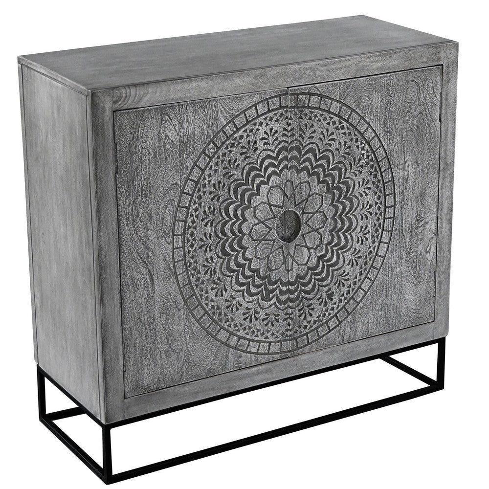 Zera 39 Inch Accent Cabinet with 2 Doors, Hand Carved Medallion, Sandblasted Gray Mango Wood, Black Iron Frame By The Urban Port