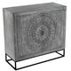 Zera 39 Inch Accent Cabinet with 2 Doors, Hand Carved Medallion, Sandblasted Gray Mango Wood, Black Iron Frame By The Urban Port