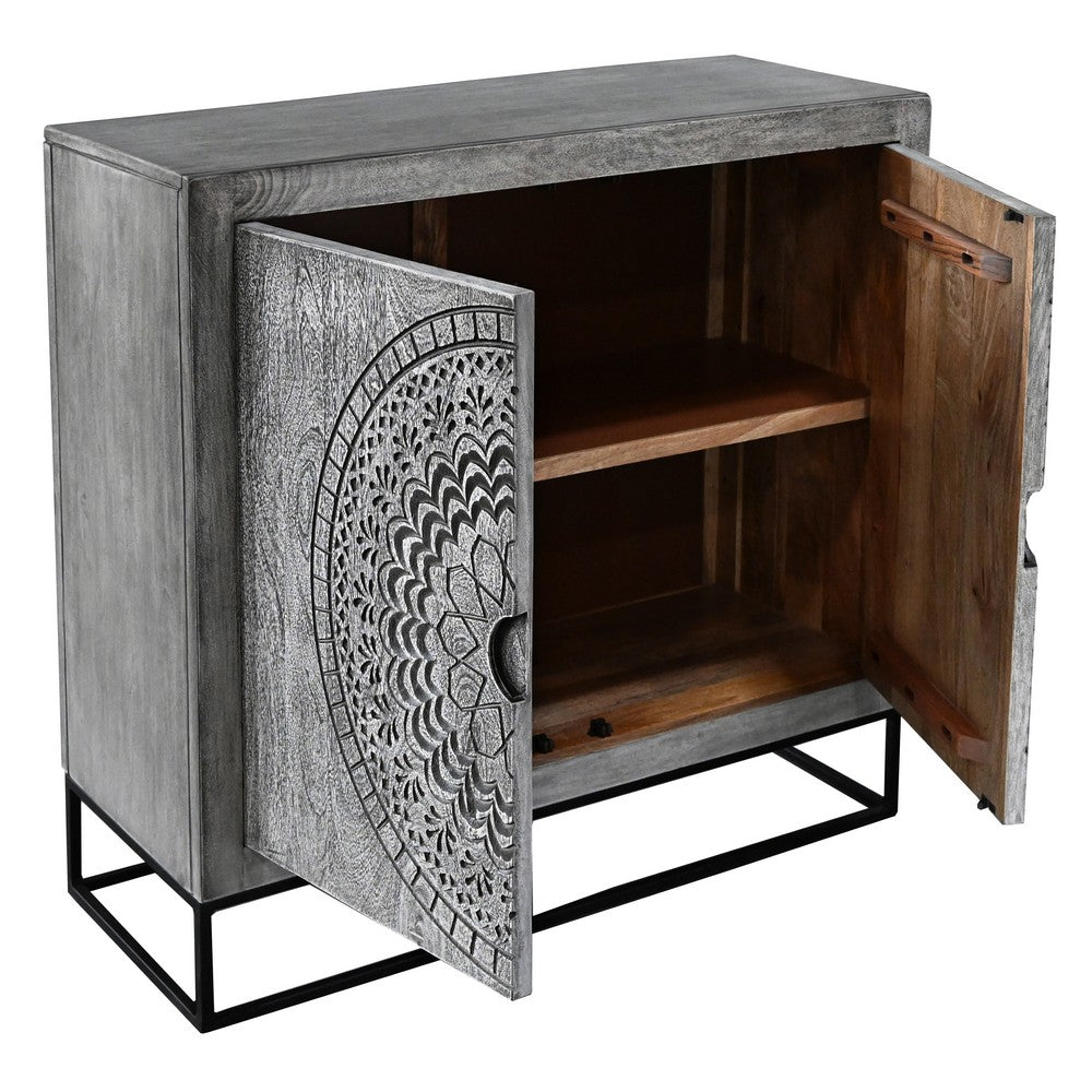 Zera 39 Inch Accent Cabinet with 2 Doors, Hand Carved Medallion, Sandblasted Gray Mango Wood, Black Iron Frame By The Urban Port
