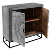 Zera 39 Inch Accent Cabinet with 2 Doors, Hand Carved Medallion, Sandblasted Gray Mango Wood, Black Iron Frame By The Urban Port