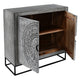 Zera 39 Inch Accent Cabinet with 2 Doors, Hand Carved Medallion, Sandblasted Gray Mango Wood, Black Iron Frame By The Urban Port