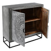 Zera 39 Inch Accent Cabinet with 2 Doors Hand Carved Medallion Sandblasted Gray Mango Wood Black Iron Frame By The Urban Port UPT-271294