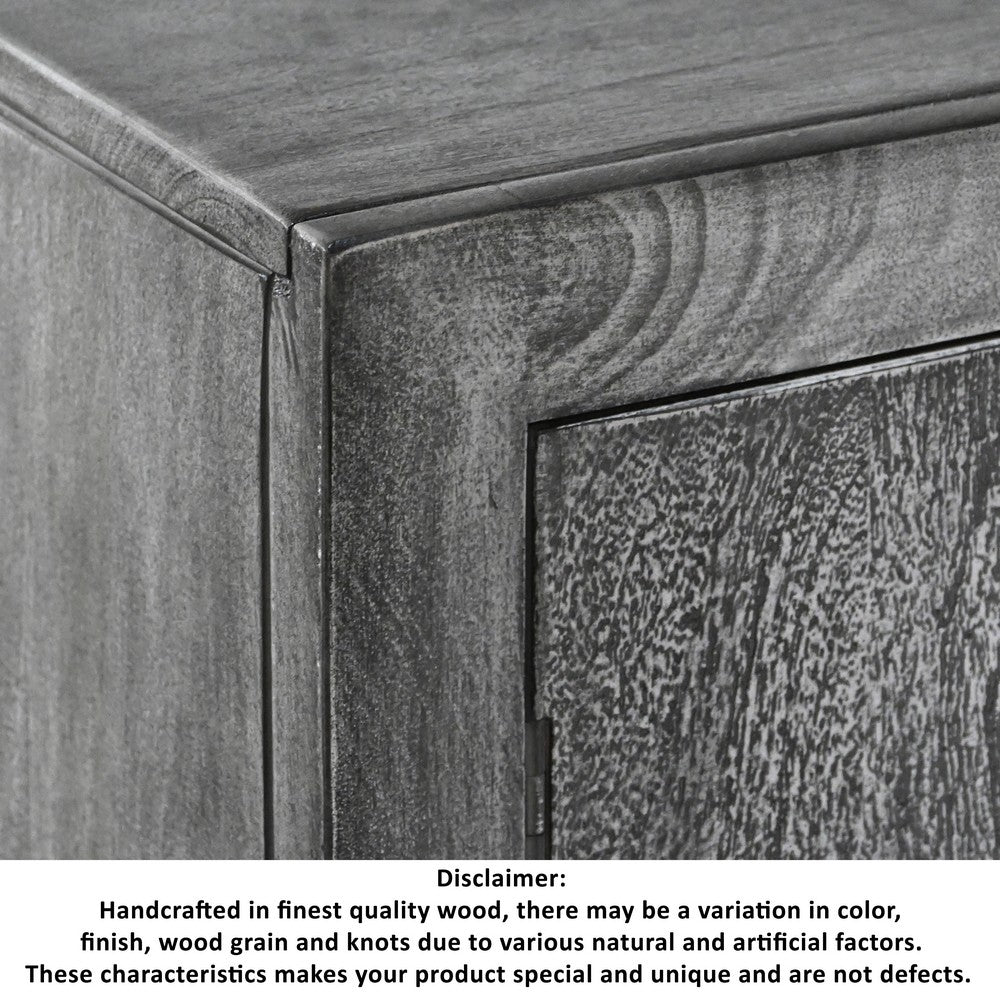 Zera 39 Inch Accent Cabinet with 2 Doors, Hand Carved Medallion, Sandblasted Gray Mango Wood, Black Iron Frame By The Urban Port