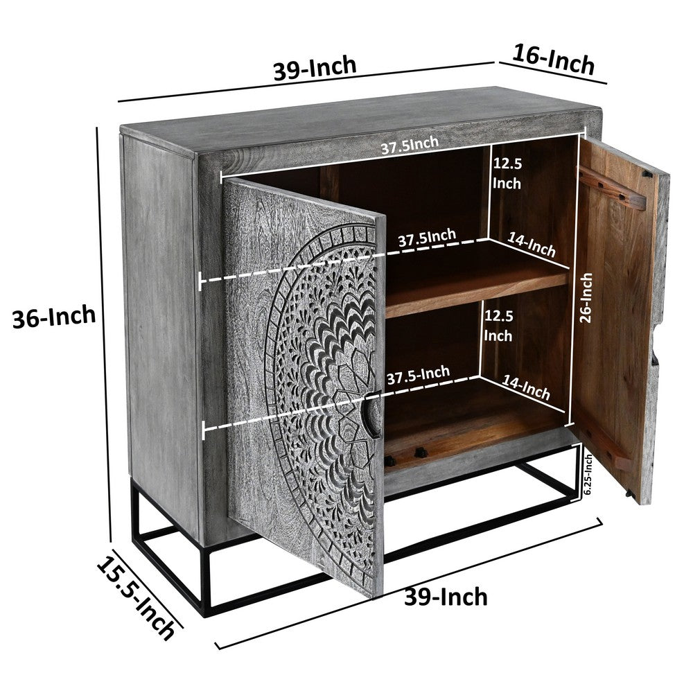 Zera 39 Inch Accent Cabinet with 2 Doors, Hand Carved Medallion, Sandblasted Gray Mango Wood, Black Iron Frame By The Urban Port