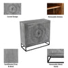 Zera 39 Inch Accent Cabinet with 2 Doors, Hand Carved Medallion, Sandblasted Gray Mango Wood, Black Iron Frame By The Urban Port