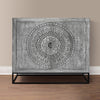 Zera 39 Inch Accent Cabinet with 2 Doors, Hand Carved Medallion, Sandblasted Gray Mango Wood, Black Iron Frame By The Urban Port