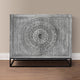 Zera 39 Inch Accent Cabinet with 2 Doors, Hand Carved Medallion, Sandblasted Gray Mango Wood, Black Iron Frame By The Urban Port