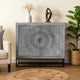 Zera 39 Inch Accent Cabinet with 2 Doors, Hand Carved Medallion, Sandblasted Gray Mango Wood, Black Iron Frame By The Urban Port