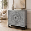 Zera 39 Inch Accent Cabinet with 2 Doors, Hand Carved Medallion, Sandblasted Gray Mango Wood, Black Iron Frame By The Urban Port
