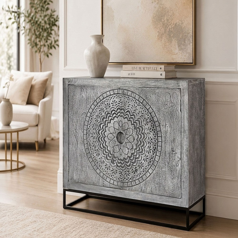 Zera 39 Inch Accent Cabinet with 2 Doors, Hand Carved Medallion, Sandblasted Gray Mango Wood, Black Iron Frame By The Urban Port
