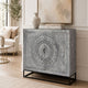 Zera 39 Inch Accent Cabinet with 2 Doors, Hand Carved Medallion, Sandblasted Gray Mango Wood, Black Iron Frame By The Urban Port