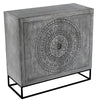 Zera 39 Inch Accent Cabinet with 2 Doors Hand Carved Medallion Sandblasted Gray Mango Wood Black Iron Frame By The Urban Port UPT-271294