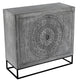 Zera 39 Inch Accent Cabinet with 2 Doors Hand Carved Medallion Sandblasted Gray Mango Wood Black Iron Frame By The Urban Port UPT-271294