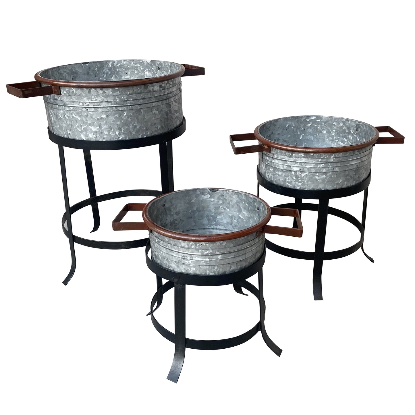 21, 18, and 16 Inch 3 Piece Round Tub Metal Planter Set with Stand in Galvanized Gray and Black Iron By The Urban Port