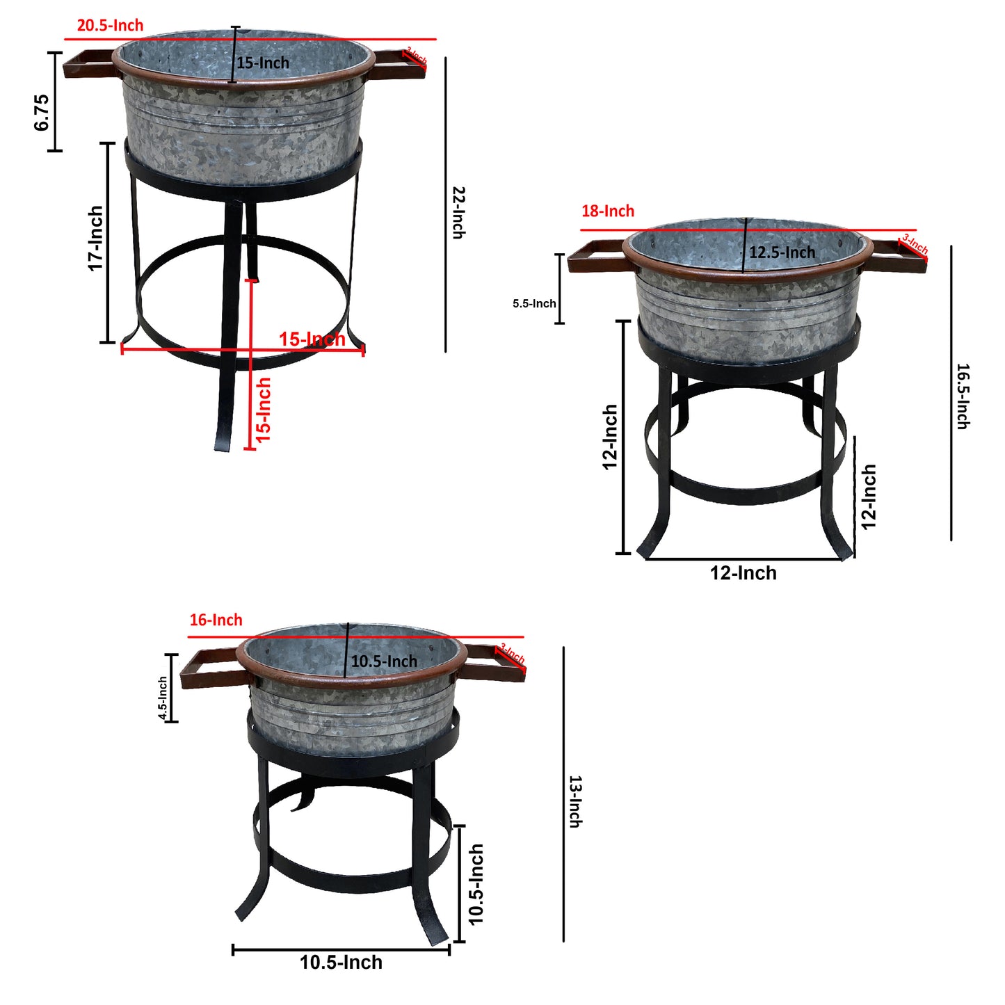 21, 18, and 16 Inch 3 Piece Round Tub Metal Planter Set with Stand in Galvanized Gray and Black Iron By The Urban Port