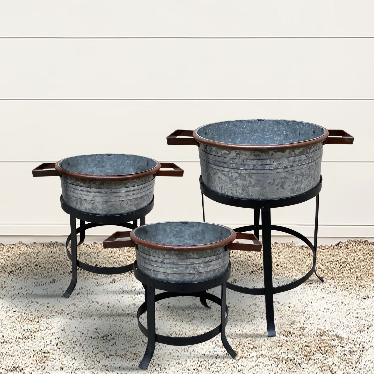 21, 18, and 16 Inch 3 Piece Round Tub Metal Planter Set with Stand in Galvanized Gray and Black Iron By The Urban Port