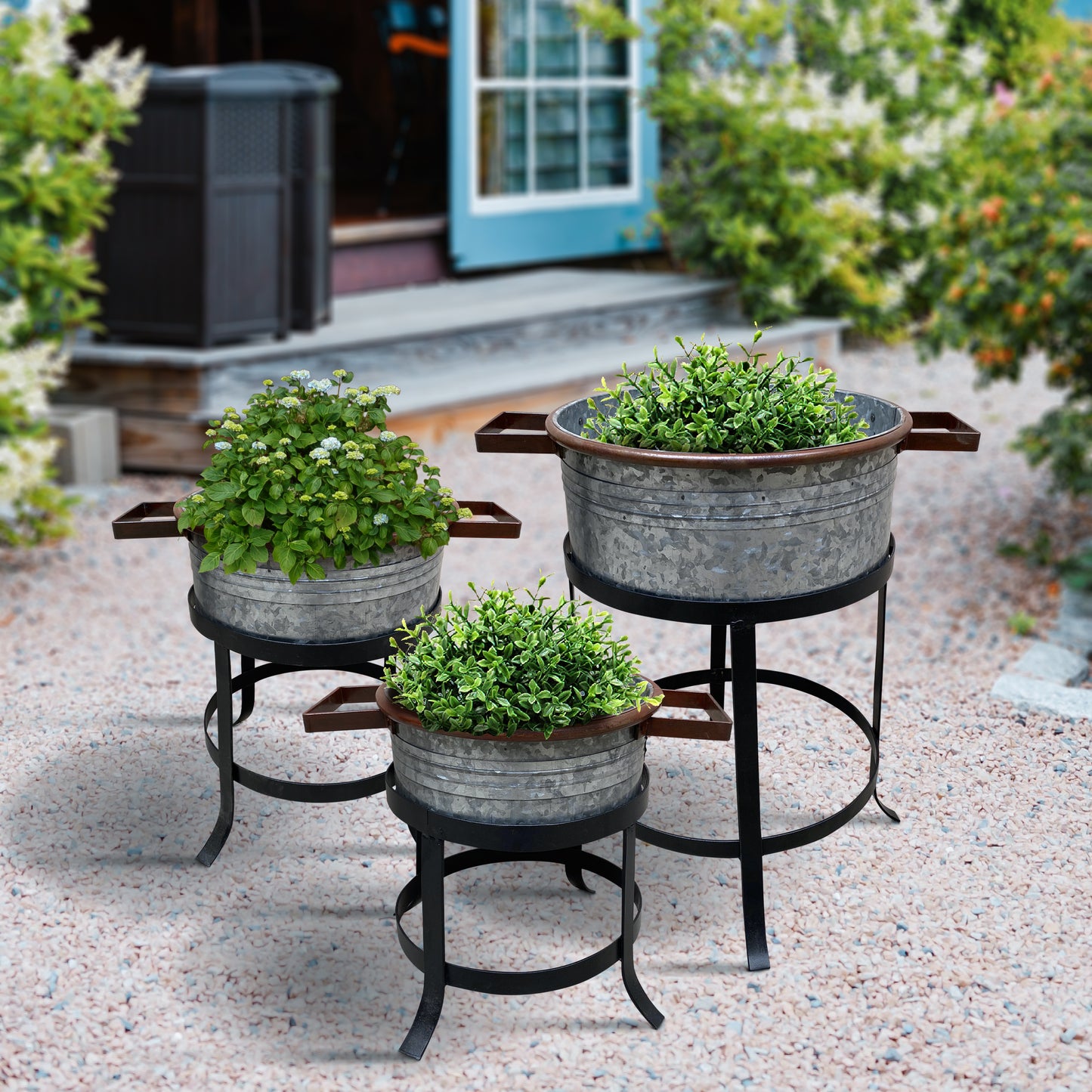 21, 18, and 16 Inch 3 Piece Round Tub Metal Planter Set with Stand in Galvanized Gray and Black Iron By The Urban Port