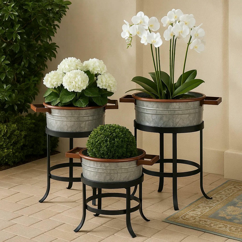 21, 18, and 16 Inch 3 Piece Round Tub Metal Planter Set with Stand in Galvanized Gray and Black Iron By The Urban Port