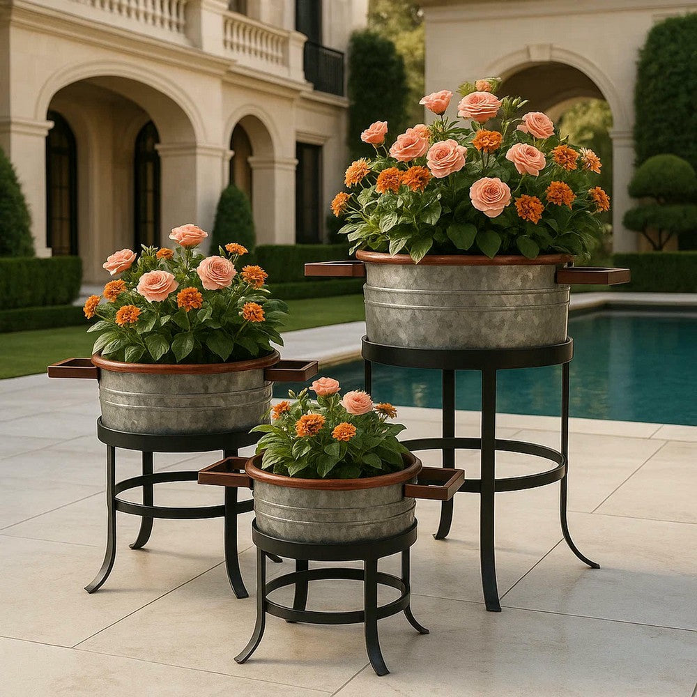 21, 18, and 16 Inch 3 Piece Round Tub Metal Planter Set with Stand in Galvanized Gray and Black Iron By The Urban Port