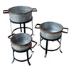 21, 18, and 16 Inch 3 Piece Round Tub Metal Planter Set with Stand in Galvanized Gray and Black Iron By The Urban Port