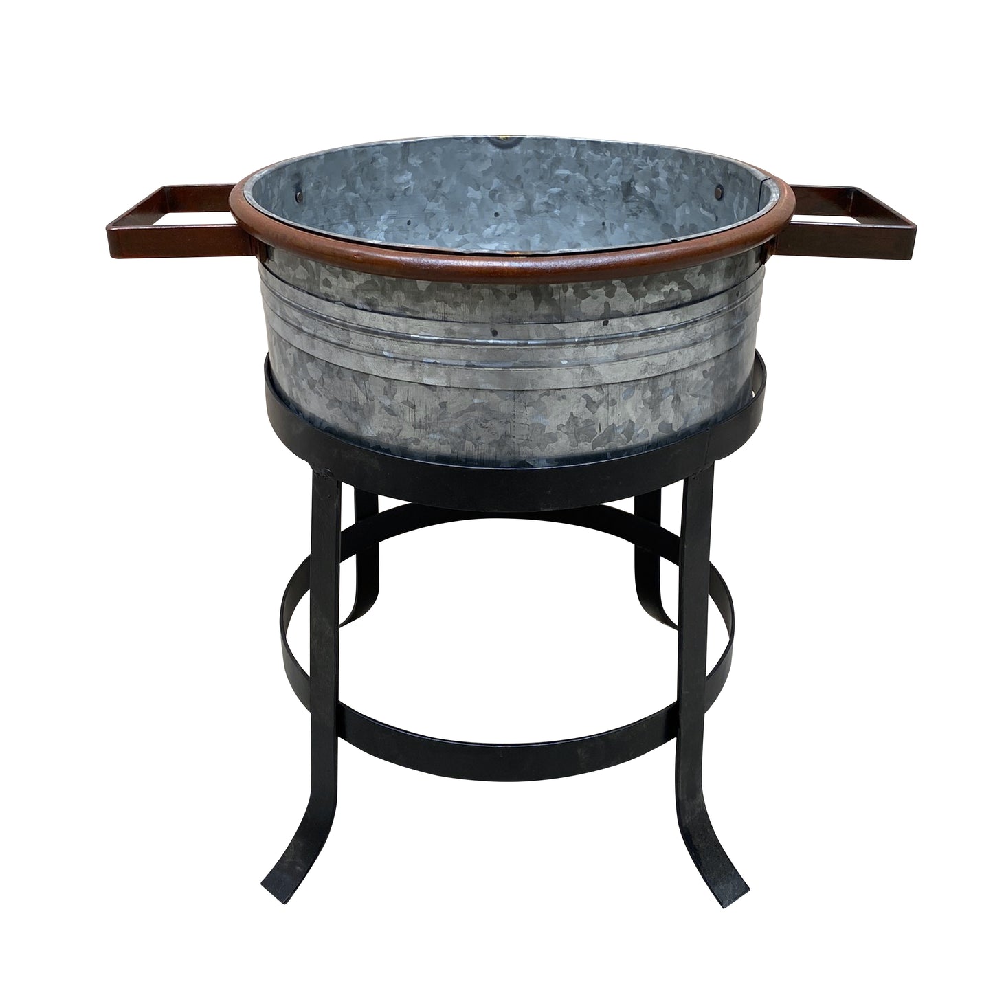 21, 18, and 16 Inch 3 Piece Round Tub Metal Planter Set with Stand in Galvanized Gray and Black Iron By The Urban Port