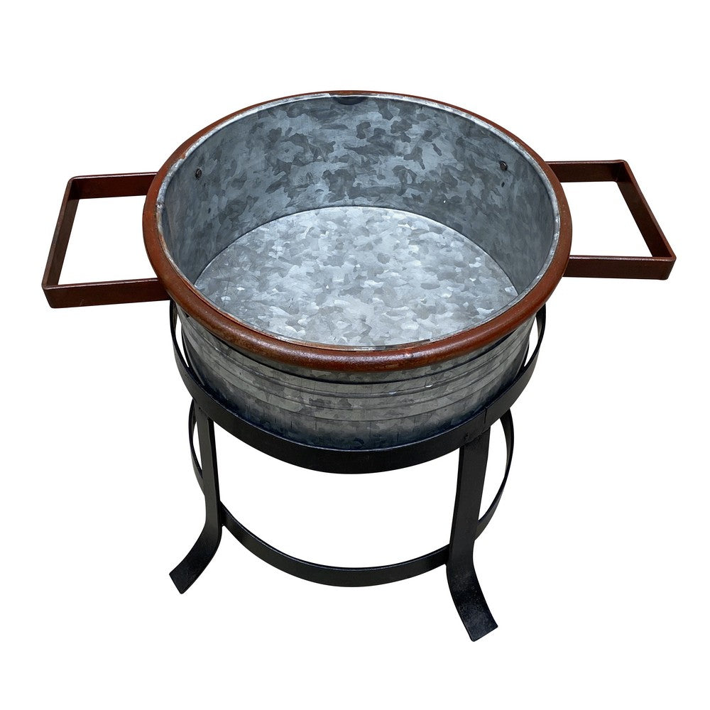 21, 18, and 16 Inch 3 Piece Round Tub Metal Planter Set with Stand in Galvanized Gray and Black Iron By The Urban Port