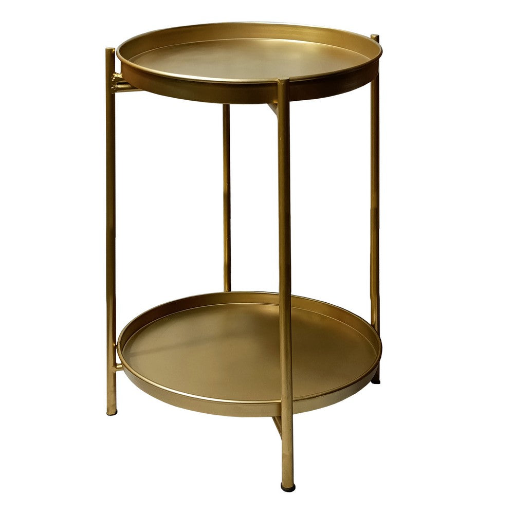 Vica 20 Inch High Round Side End Table with 2 Tier Iron Frame, Matte Gold By The Urban Port