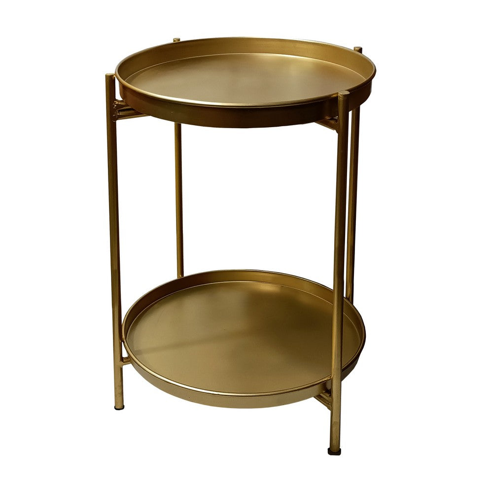 Vica 20 Inch High Round Side End Table with 2 Tier Iron Frame, Matte Gold By The Urban Port