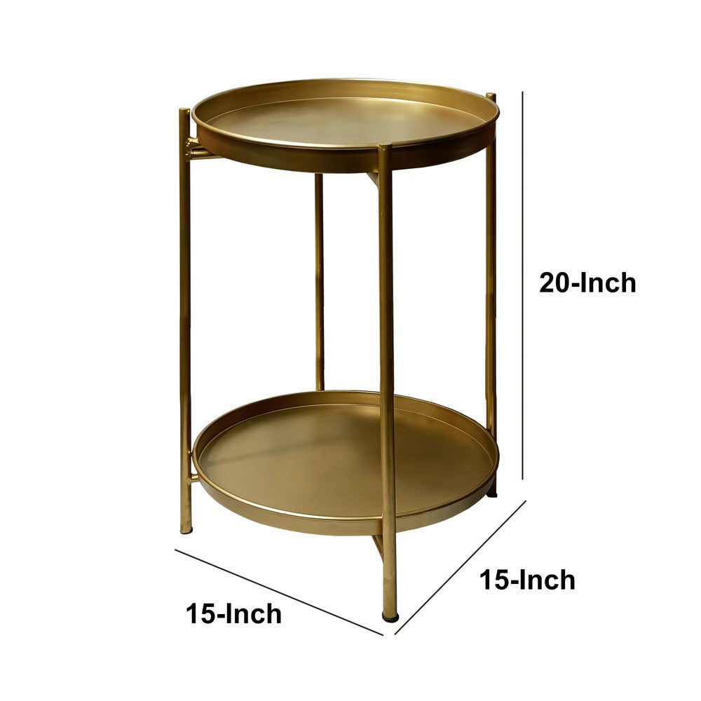Vica 20 Inch High Round Side End Table with 2 Tier Iron Frame, Matte Gold By The Urban Port