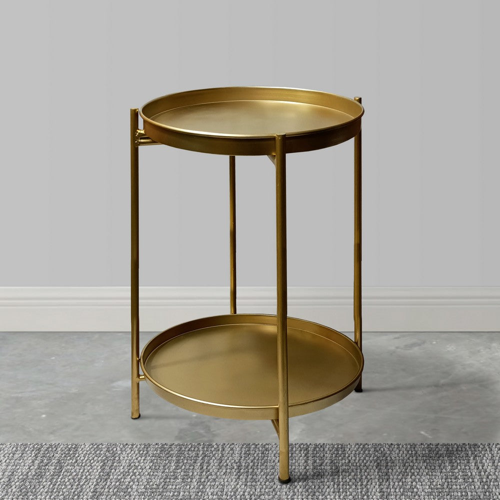 Vica 20 Inch High Round Side End Table with 2 Tier Iron Frame, Matte Gold By The Urban Port