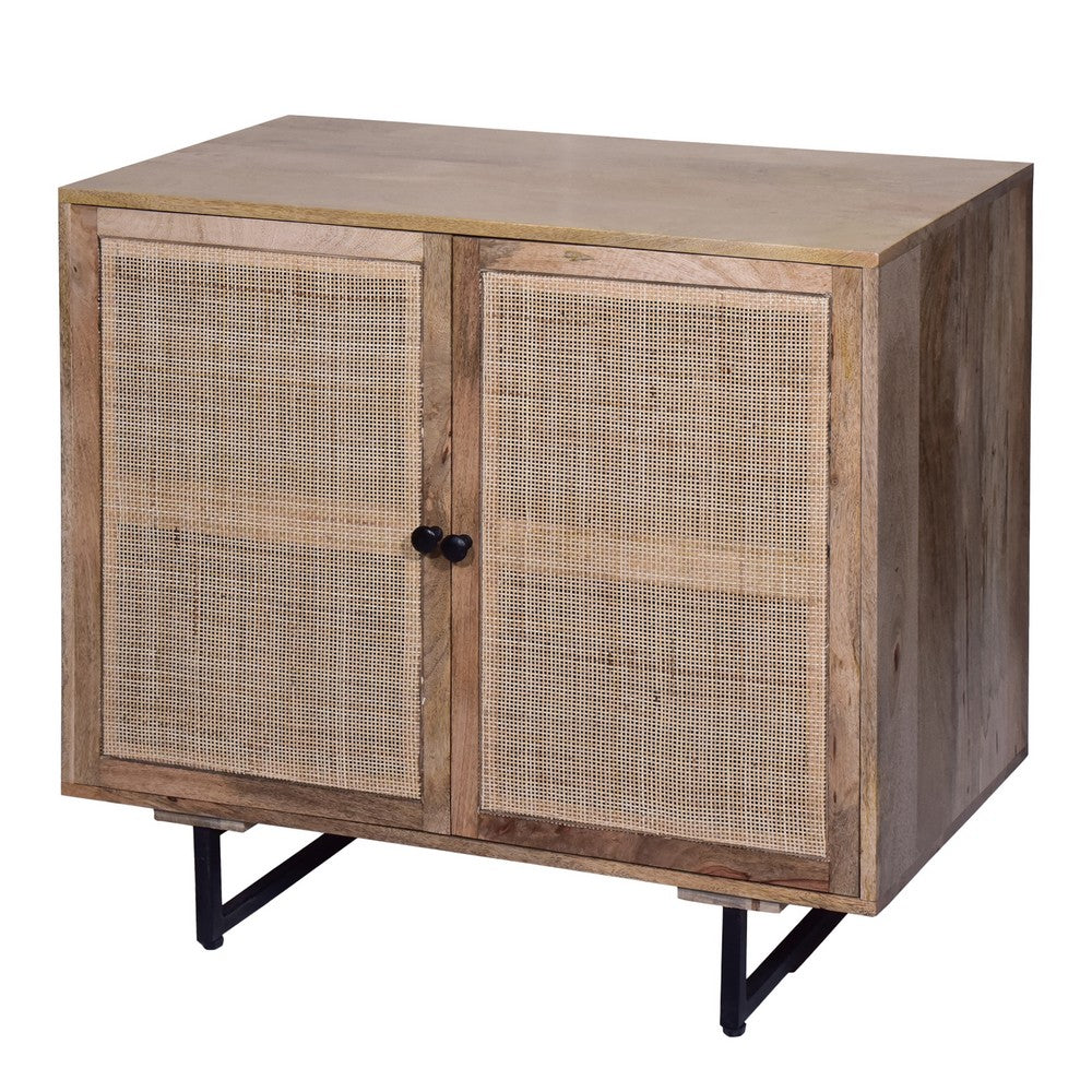 35 Inch Handcrafted Accent Cabinet with 2 Mesh Rattan Doors, Black Iron Legs, Natural Brown Mango Wood Frame  By The Urban Port