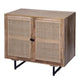 35 Inch Handcrafted Accent Cabinet with 2 Mesh Rattan Doors, Black Iron Legs, Natural Brown Mango Wood Frame  By The Urban Port