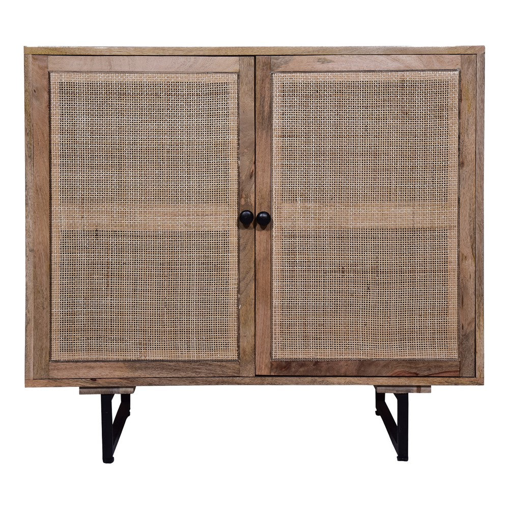 35 Inch Handcrafted Accent Cabinet with 2 Mesh Rattan Doors, Black Iron Legs, Natural Brown Mango Wood Frame  By The Urban Port