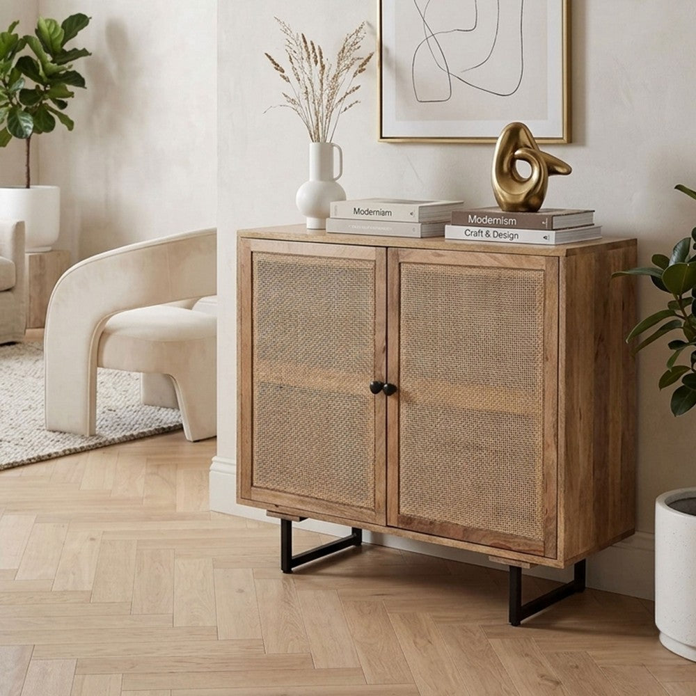 35 Inch Handcrafted Accent Cabinet with 2 Mesh Rattan Doors, Black Iron Legs, Natural Brown Mango Wood Frame  By The Urban Port