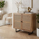 35 Inch Handcrafted Accent Cabinet with 2 Mesh Rattan Doors, Black Iron Legs, Natural Brown Mango Wood Frame  By The Urban Port