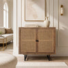35 Inch Handcrafted Accent Cabinet with 2 Mesh Rattan Doors, Black Iron Legs, Natural Brown Mango Wood Frame  By The Urban Port