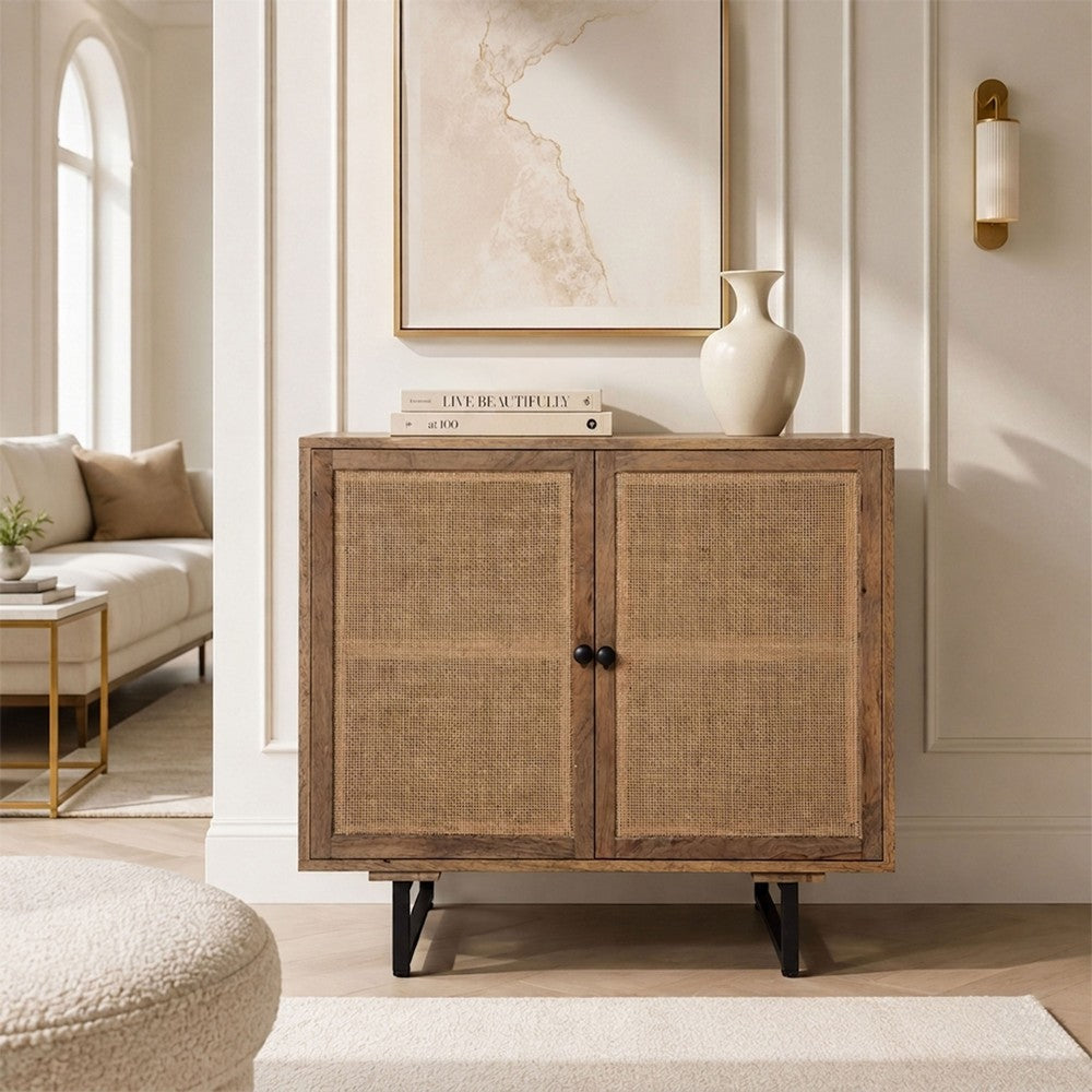 35 Inch Handcrafted Accent Cabinet with 2 Mesh Rattan Doors, Black Iron Legs, Natural Brown Mango Wood Frame  By The Urban Port