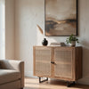 35 Inch Handcrafted Accent Cabinet with 2 Mesh Rattan Doors, Black Iron Legs, Natural Brown Mango Wood Frame  By The Urban Port