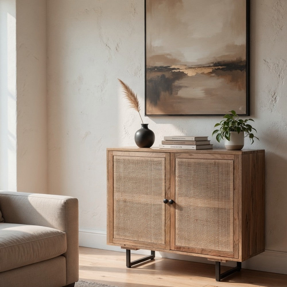 35 Inch Handcrafted Accent Cabinet with 2 Mesh Rattan Doors, Black Iron Legs, Natural Brown Mango Wood Frame  By The Urban Port