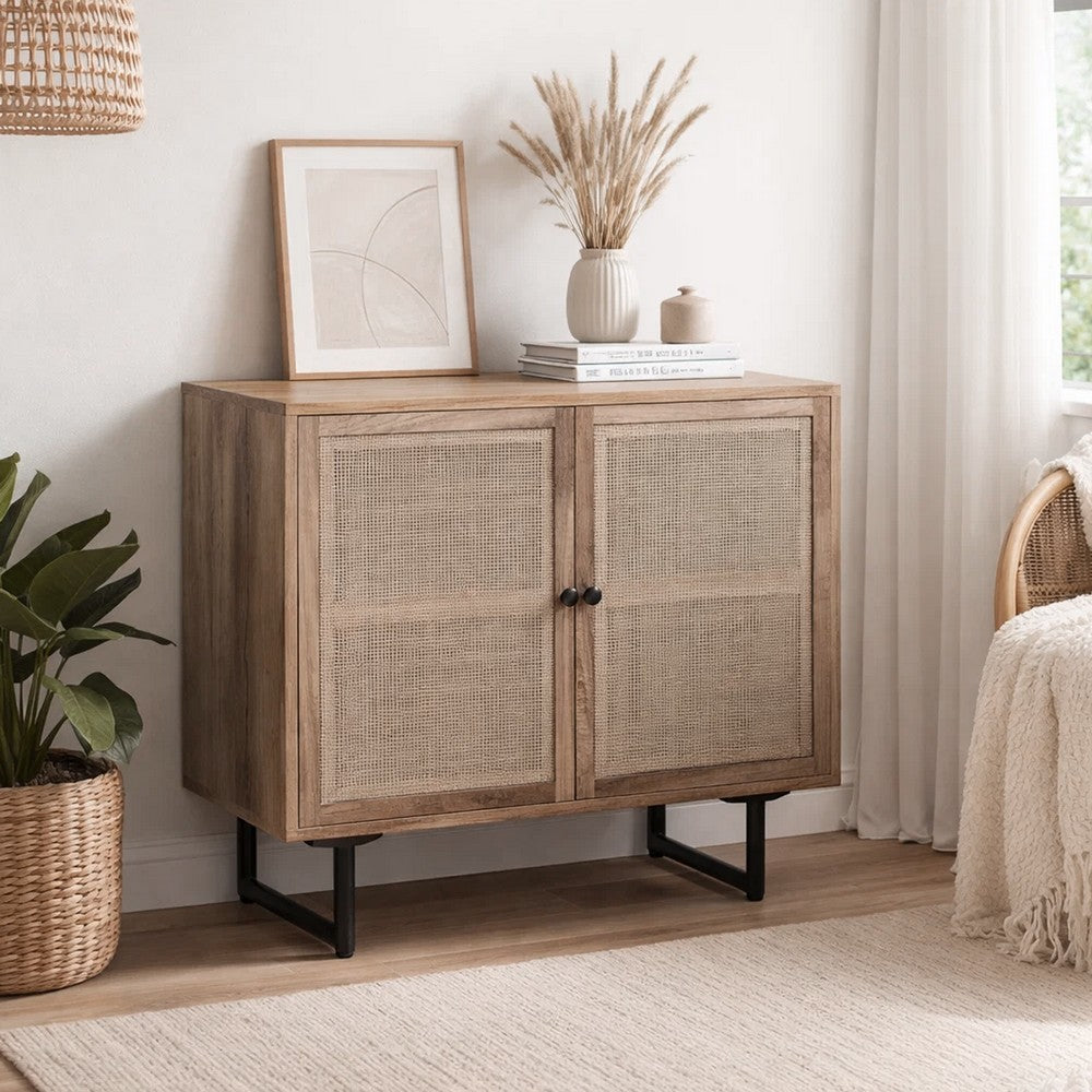35 Inch Handcrafted Accent Cabinet with 2 Mesh Rattan Doors, Black Iron Legs, Natural Brown Mango Wood Frame  By The Urban Port