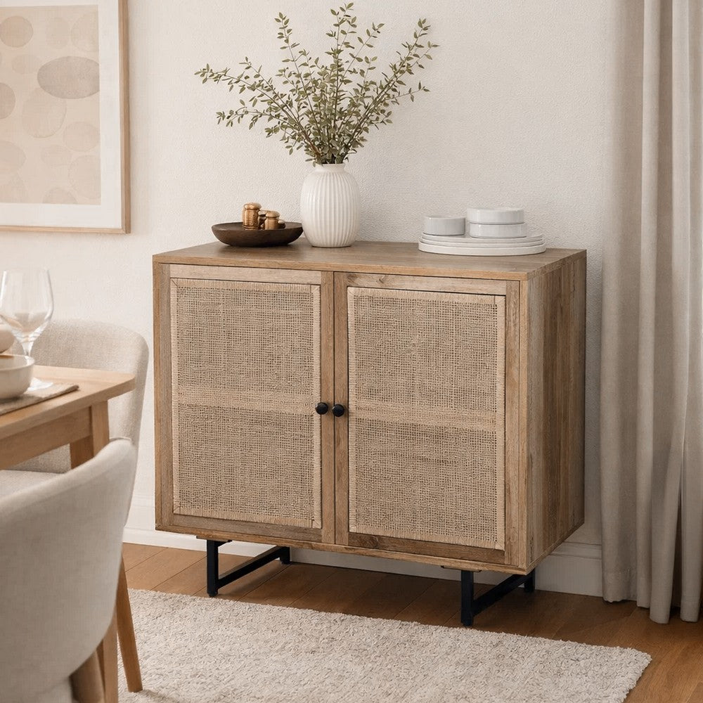 35 Inch Handcrafted Accent Cabinet with 2 Mesh Rattan Doors, Black Iron Legs, Natural Brown Mango Wood Frame  By The Urban Port