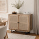 35 Inch Handcrafted Accent Cabinet with 2 Mesh Rattan Doors, Black Iron Legs, Natural Brown Mango Wood Frame  By The Urban Port