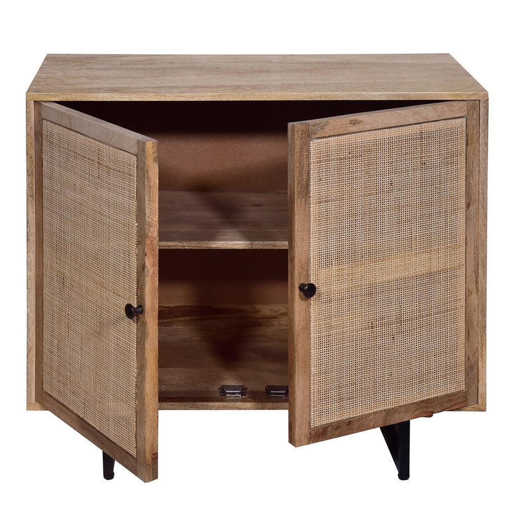 35 Inch Handcrafted Accent Cabinet with 2 Mesh Rattan Doors, Black Iron Legs, Natural Brown Mango Wood Frame  By The Urban Port