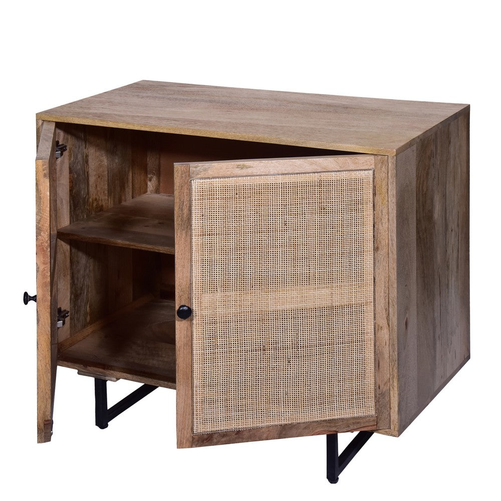 35 Inch Handcrafted Accent Cabinet with 2 Mesh Rattan Doors, Black Iron Legs, Natural Brown Mango Wood Frame  By The Urban Port