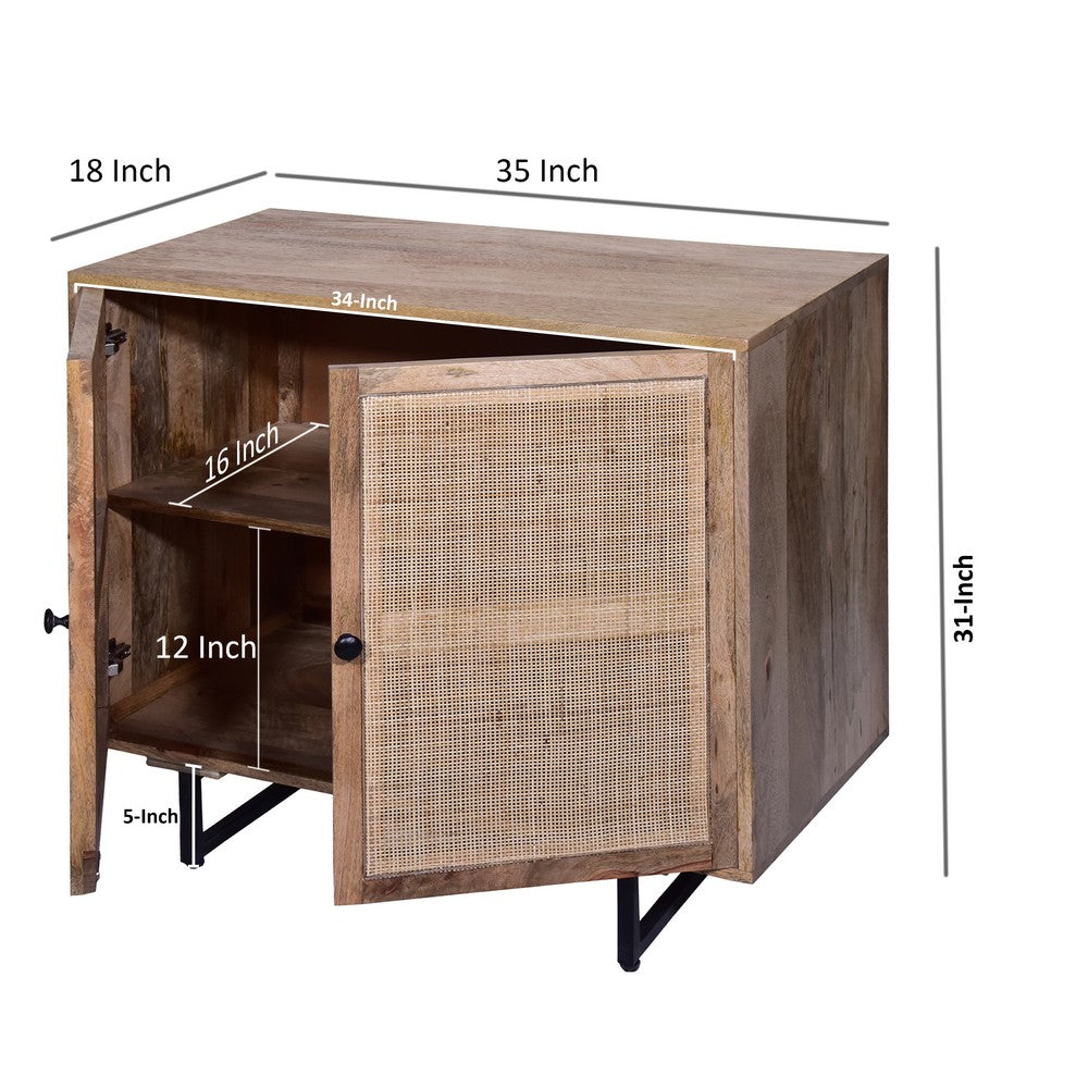 35 Inch Handcrafted Accent Cabinet with 2 Mesh Rattan Doors, Black Iron Legs, Natural Brown Mango Wood Frame  By The Urban Port