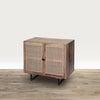 35 Inch Handcrafted Accent Cabinet with 2 Mesh Rattan Doors, Black Iron Legs, Natural Brown Mango Wood Frame  By The Urban Port