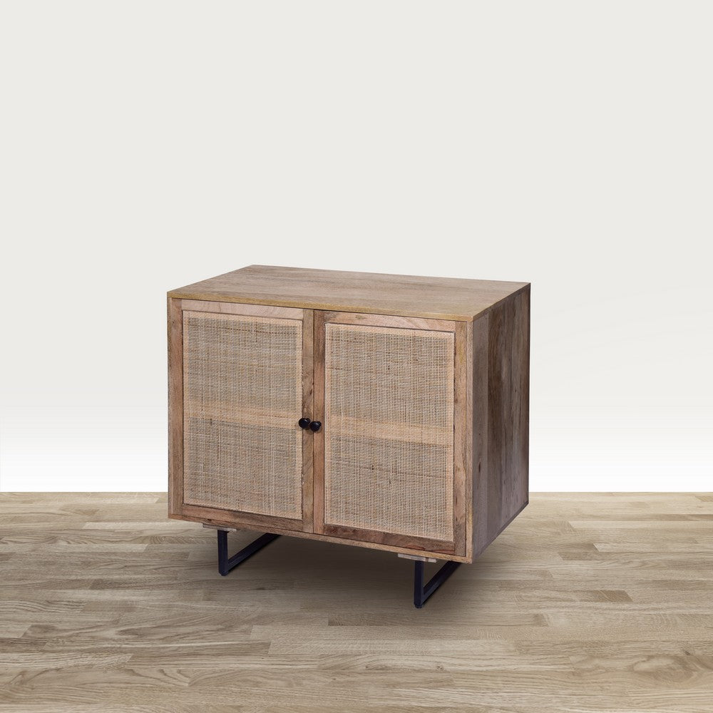 35 Inch Handcrafted Accent Cabinet with 2 Mesh Rattan Doors, Black Iron Legs, Natural Brown Mango Wood Frame  By The Urban Port